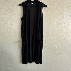 Black Sleeveless Open Front Long Vest Linen Blend